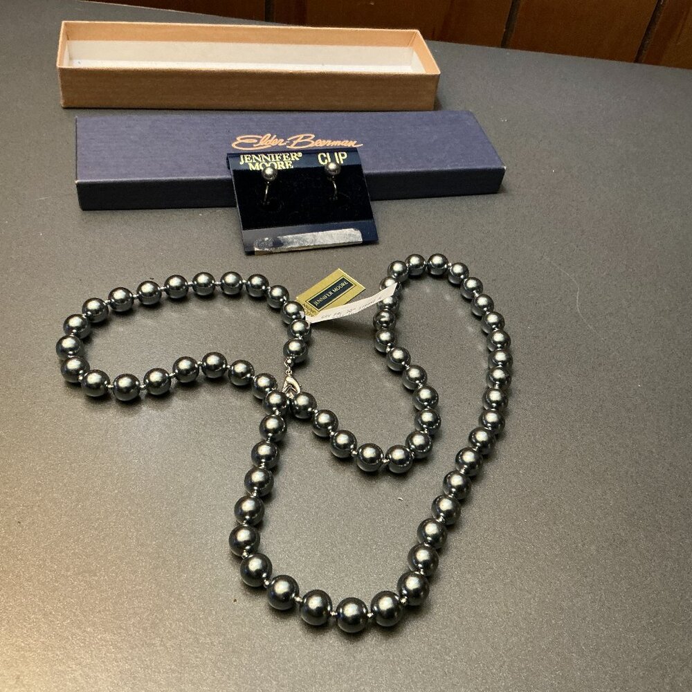 Jennifer Moore Gray Faux Pearl Necklace 30” & Earring Set - Vintage Brand New
